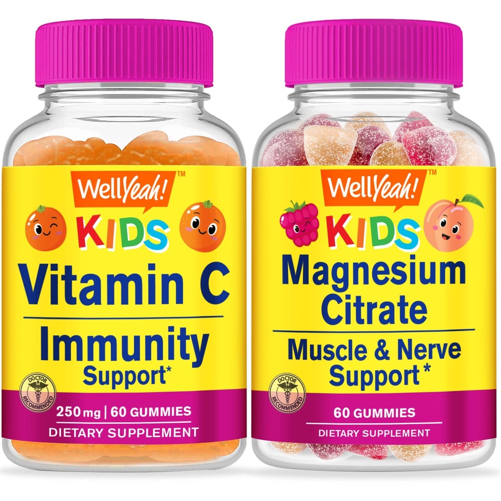 WellYes Vitamin C Kids + Magnesium Citrate Kids, Gummies Bundle - μεγάλη γεύση, συμπλήρωμα βιταμίνης, χωρίς γλουτένη, GMO δωρεάν, μασώμενη κοιλιά