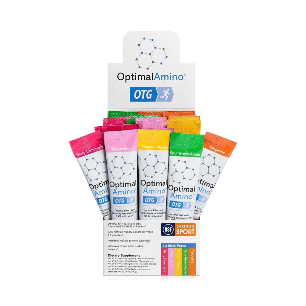OptimalAmino OTG Stick Packs, 5 Flavor Variety Box (30 Count), 99% Utilized Essential Amino Acid (EAA) Συμπλήρωμα, Αύξηση της αποκατάστασης των μυών, Vegan/Keto Pre/Post προπόνηση, NSF Certified for Sport