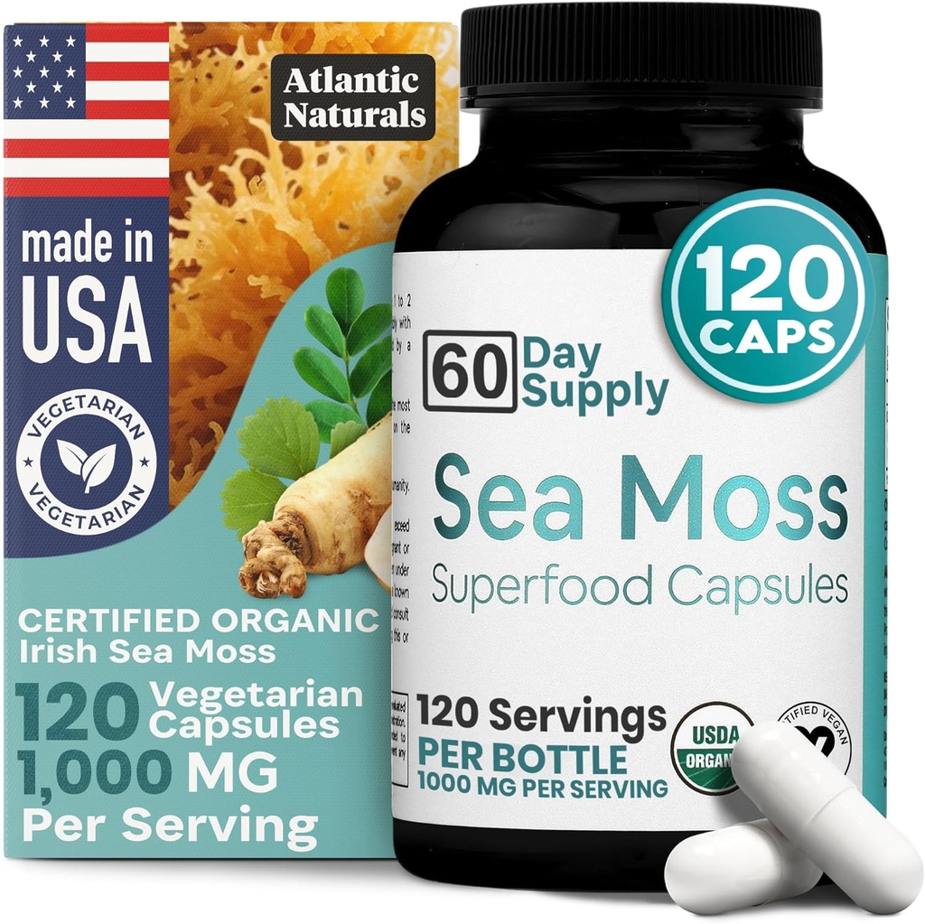 Atlantic Naturals Sea Moss Κάψουλες με Moringa, Ashwagandha, Black Seed Oil, Ginger & Ginseng – Atlantic Sea Moss Συμπληρώματα για Άνδρες και Γυναίκες – για Καθημερινή Ενέργεια & Wellness Blend – 120 Count