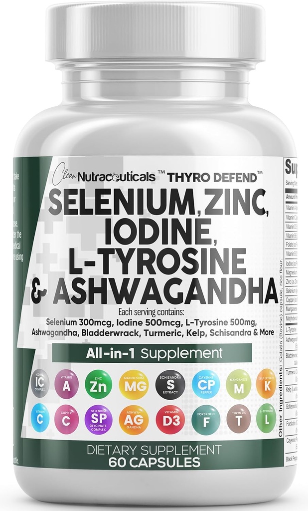 Clean Nutra Selenium 300mcg Iodine 500mcg Thyroid Support for Women & Men | L Tyrosine 500mg Ashwagandha Supplement Bladderwrack, Turmeric, Kelp, Schisandra Zinc Pills Capsule Supplements