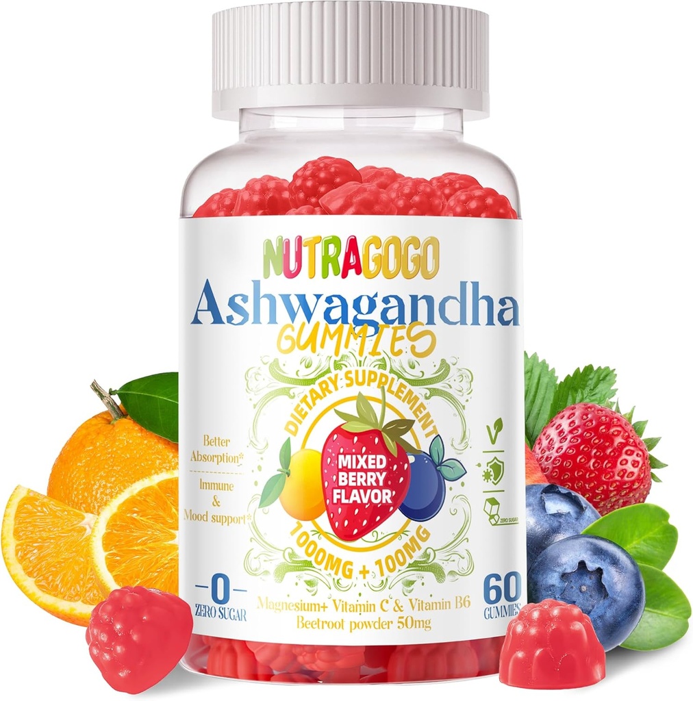 Ashwagandha Gummies & Βιταμίνη D3 Gummies 60 Count - Βιολογικό συμπλήρωμα Aswangdha για τη βελτίωση του ύπνου, το στρες ανακούφιση και την ηρεμία Mood(Μικτή μούρα, Vegan, Plant Based, Gluten-free & Gelatin Free)-1pack