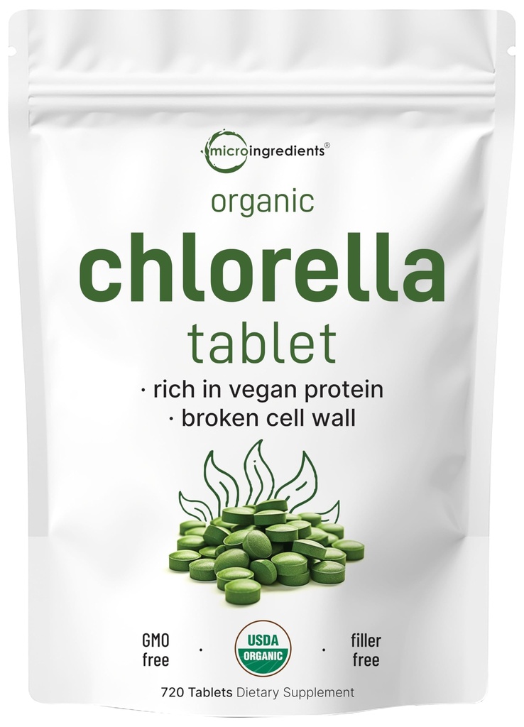 Βιολογικά Δισκία Chlorella, 500mg ανά δισκίο, 720 Tabs (360 Grams), 4 Μήνες προσφοράς, Σπασμένο κυτταρικό τοίχωμα, πλούσια σε πρωτεΐνες Vegan & Βιταμίνες, Χωρίς πληρωτικό, Χωρίς Πρόσθετα & Μη ΓΤΟ 