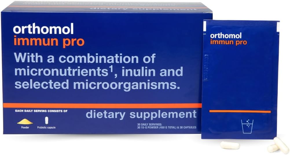Orthomol Immun Pro, Immune Support, Probiotic Gut Health Supplement, Inulin Prebiotic Fiber, 30-Day Supply, Vitamin A, B, C, D, E, Zinc, Iodine, Probiotics για γυναίκες και άνδρες, Καθημερινή σκόνη & κάψουλα
