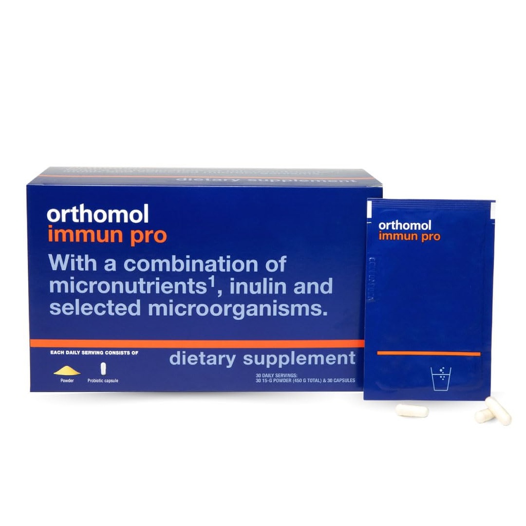 Orthomol Immun Pro, Immune Support, Probiotic Gut Health Supplement, Inulin Prebiotic Fiber, 30-Day Supply, Vitamin A, B, C, D, E, Zinc, Iodine, Probiotics για γυναίκες και άνδρες, Καθημερινή σκόνη & κάψουλα