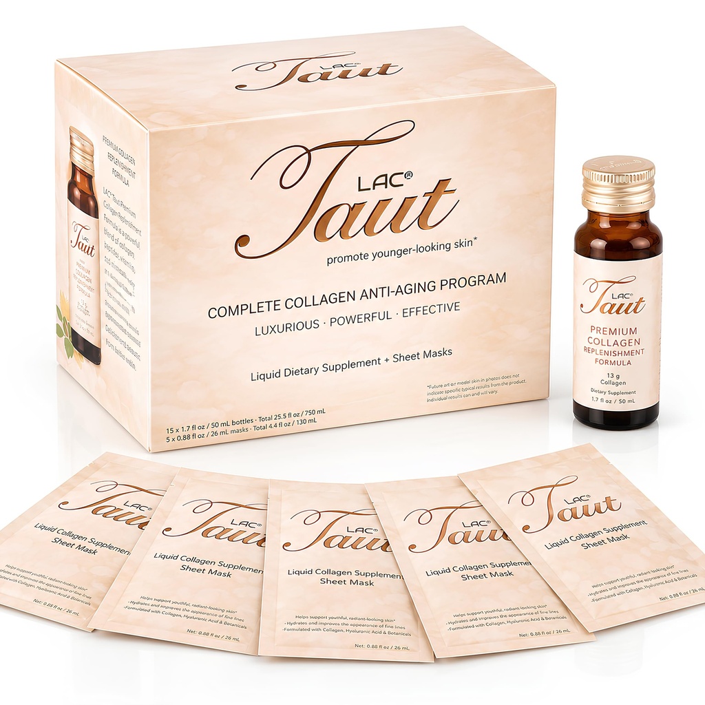 TAUT Marine Collagen Drink & Face Mask – 13,000mg Υδρολυμένη πρωτεΐνη κολλαγόνου με Υαλουρονικό οξύ για νεανική, Ακτινωτή επιδερμίδα – Περιλαμβάνει 15 μπουκάλια και 5 μάσκες (30-Day Supply)