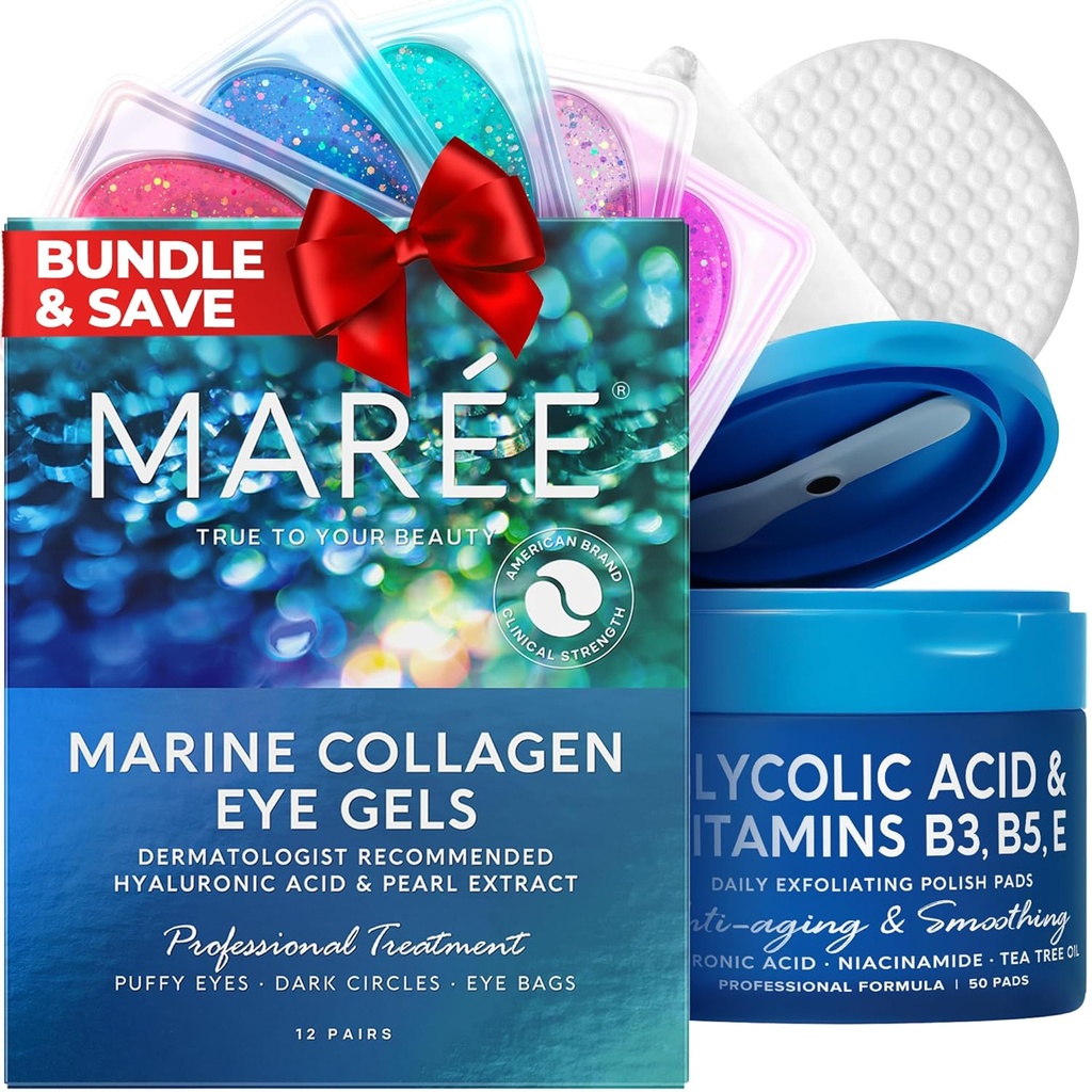 MAREE Skincare Bundle - Eye Gels, Facial Polish - Under Eye Gels for Puffy Eyes & Dark Circles - Glycolic Acid Peel Pads - Θαλάσσιο κολλαγόνο & Υαλουρονικό οξύ - Σαλικυλικό οξύ & Βιταμίνες E, B3, B5