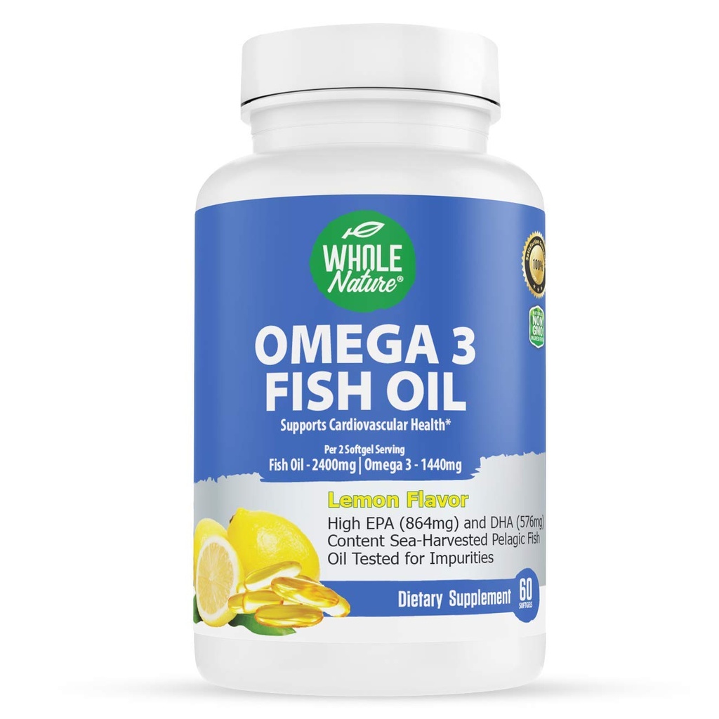 Omega 3 Fish Oil Supplements, Maximum Strength 2400 mg Omega-3, 1440mg Fish Oil, EPA DHA Fatty Acids, Heart Health, Vision, Eye, Brain, Immune Support for Women & Men. Natural Lemon Flavor, 60 ct (1)