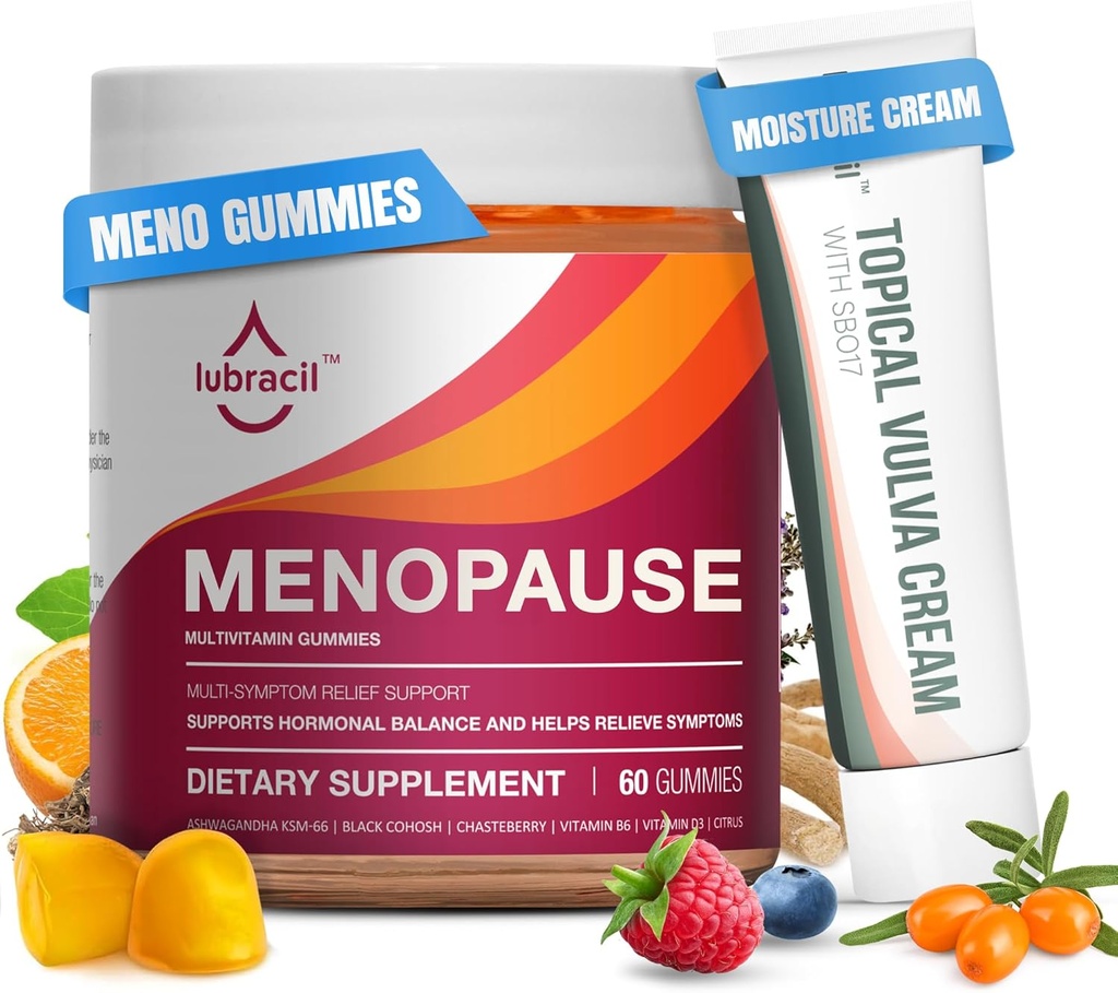 Lubracil Εμμηνόπαυση Gummies & Topical Vulva Cream Bundle – Hormone-free Υποστήριξη για Hot Flashes, Κολπική ξηρότητα, φαγούρα, Mood Swings & Night Sweats με Black Cohosh, Ashwagandha, Omega-7 & Βιταμίνη E
