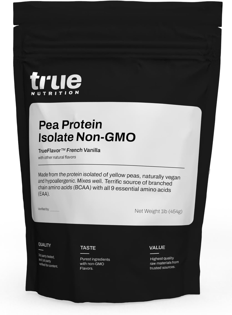 True Nutrition Pea Protein Powder Isolate - 25g Μη ΓΤΟ Vegan Protein Powder per Serving - Χαμηλό υδατάνθρακες, Χαμηλό λίπος, Υψηλή Λευκίνη - Χωρίς γλουτένη, Χωρίς γαλακτοκομικά, Χωρίς σόγια - Γαλλική βανίλια - 1LB