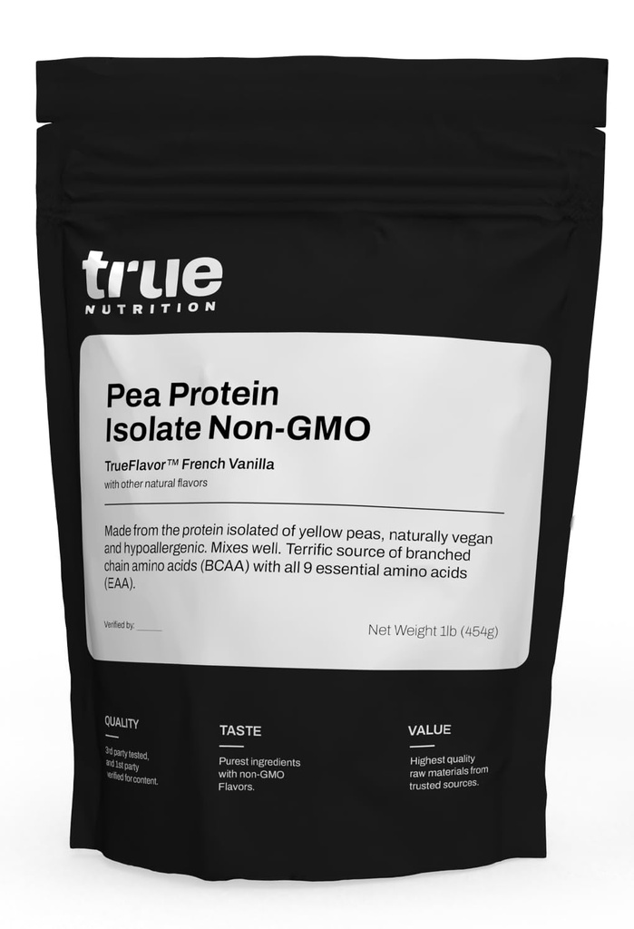 True Nutrition Pea Protein Powder Isolate - 25g Μη ΓΤΟ Vegan Protein Powder per Serving - Χαμηλό υδατάνθρακες, Χαμηλό λίπος, Υψηλή Λευκίνη - Χωρίς γλουτένη, Χωρίς γαλακτοκομικά, Χωρίς σόγια - Γαλλική βανίλια - 1LB