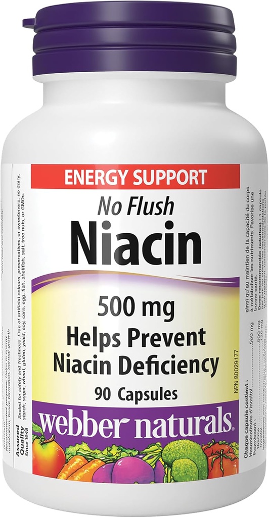 Webber Naturals Δεν Flush Niacin Βιταμίνη B3 Κάψουλα, 500mg 90 Count