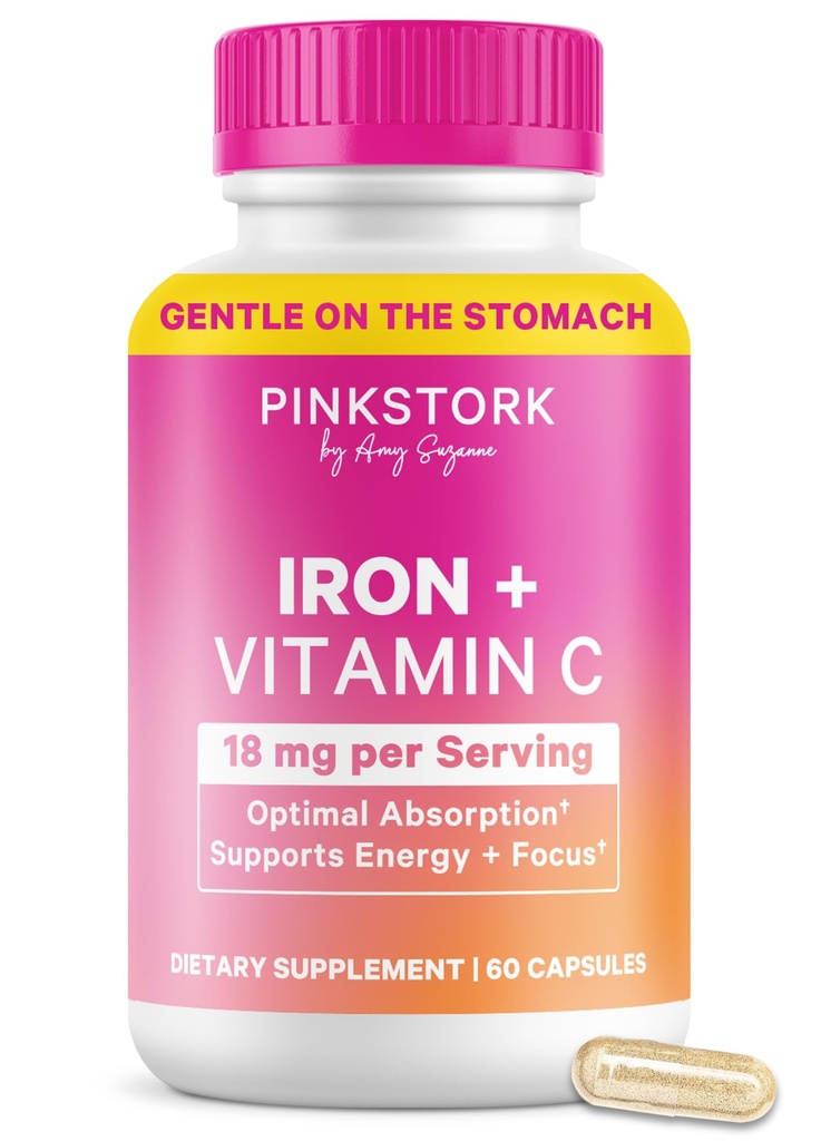 Pink Stork Prenatal Iron Supplement for Women - 18 mg Μη Συντηρών Σιδήρου & Βιταμίνης C για Κύηση, Επιλόχειο, & Θηλασμό - Εστίαση, Κόπωση, & Παραγωγή κυττάρων αίματος - 2 Μήνες Προσφορά
