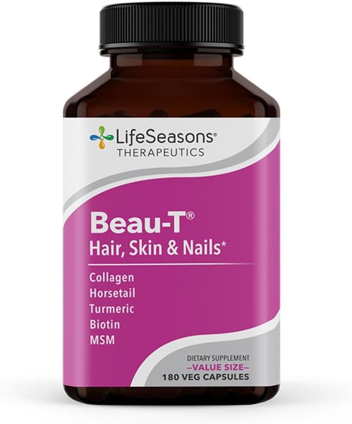 LifeSeasons Beau-T - Hair, Nail, & Skin Supplement - Προάγει υγιή ανάπτυξη των μαλλιών και των νυχιών - Υποστηρίζει Clear Skin & Fights Acne - Ενίσχυση των νυχιών - Περιέχει Biotin Collagen Turmeric - 180 κάψουλες