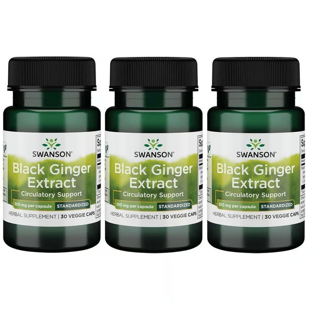 Swanson Black Ginger Extract - Προάγει την υγιή κυκλοφορία του αίματος και το σωματικό βάρος - Μπορεί να βοηθήσει την υγεία της καρδιάς, μυς ιστός, και ψυχική ευεξία - (30 κάψουλες λαχανικά, 100mg το καθένα) (3 Pack)
