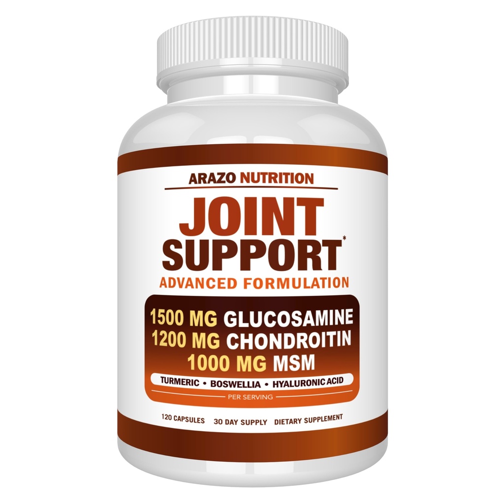 Arazo Nutrition Glucosamine Chondroitin Turmeric Msm Boswellia - Joint Support Supplement for Relief for Bones, Back, Knees, Hands (120 Capsules)