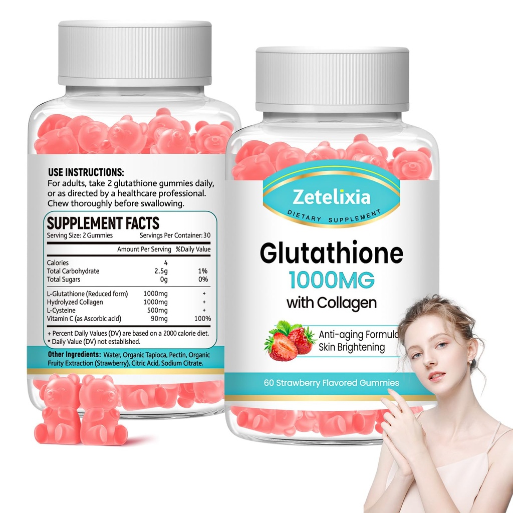 2 τεμ. Γλουταθιόνη Κολλαγόνο Gummies, Κολλαγόνο Gummies με βιταμίνη C, Γλουταθιόνη συμπλήρωμα για τις γυναίκες, Καρφάκια δέρματος μαλλιών μυών & αρθρώσεων, κατά της γήρανσης, Vegan, Χωρίς ζάχαρη, Flavor Φράουλα, 120 κόμης