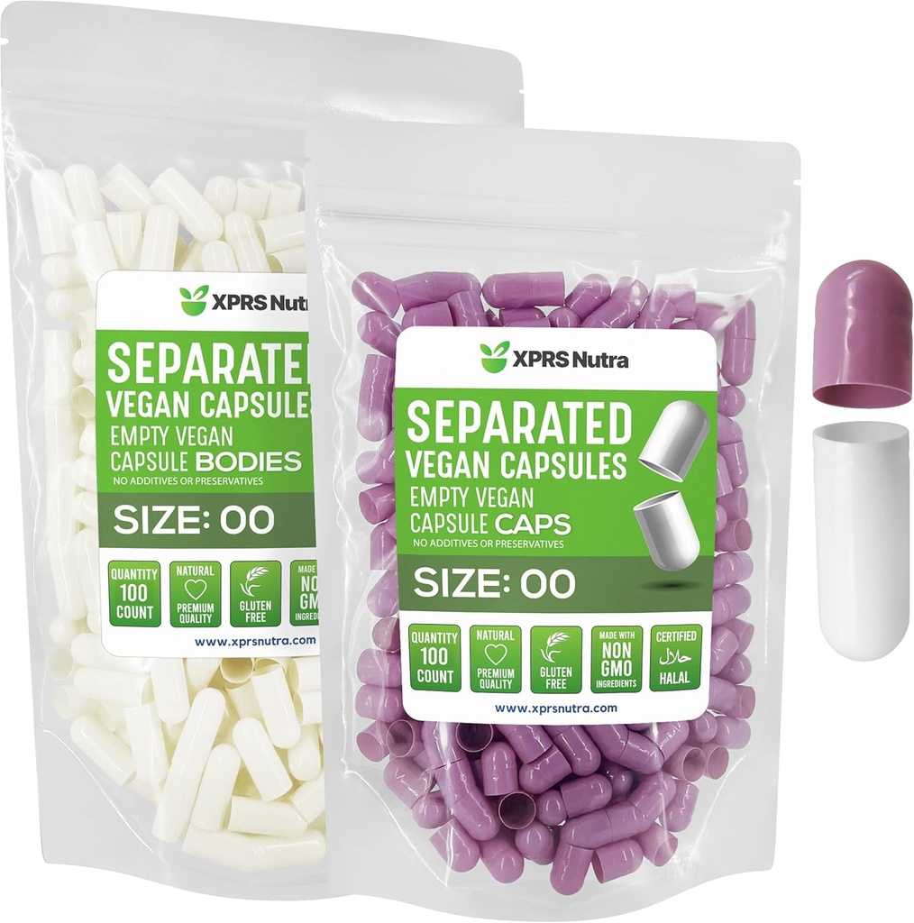 XPRS Nutra Vegan Μέγεθος 00 Χωριστές κάψουλες - 100 Count Premium Άδειες κάψουλες χωρίζονται σε τσάντες - 00 Χάπια Κενά για συμπλήρωση συμπληρώματος DIY (Lavender/White)