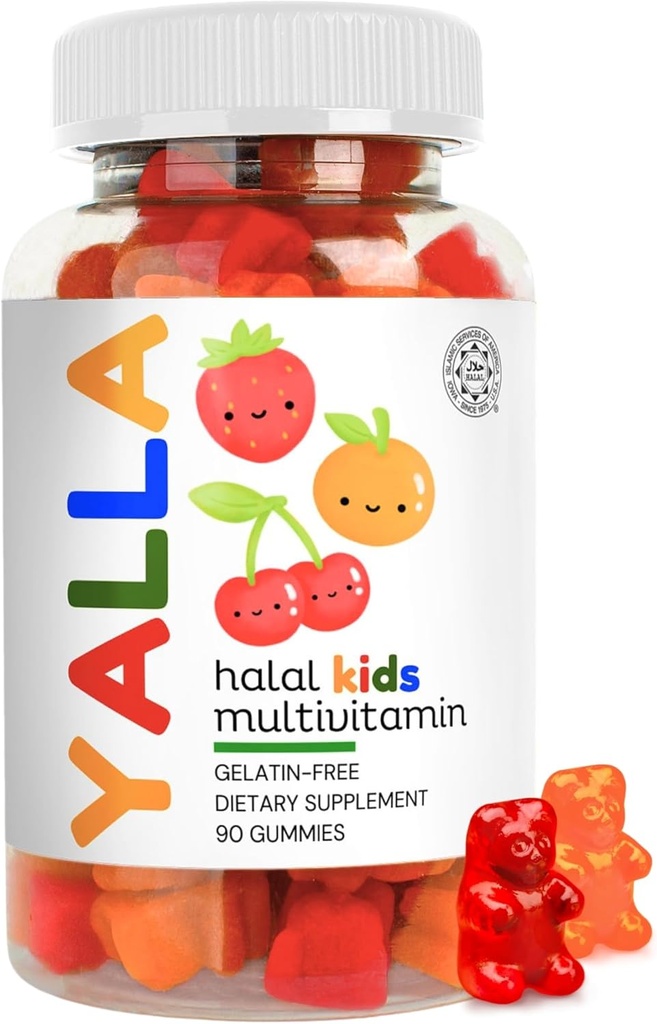 YALLA halal Βιταμίνες για παιδιά, Halal Kids Multivitamin Gummies, 45-90 Day Supply, Ουσιώδεις Βιταμίνες με C, D3, Ψευδάργυρος για Ανοσία, B6 B12 για Ενέργεια, ISA Certified, Ζελατίνη Δωρεάν