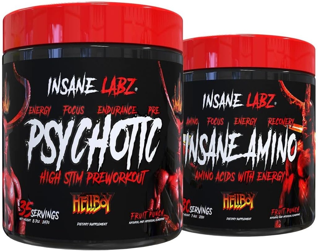 Τρελό Labz Hellboy Bundle, Psychotic Hellboy Προ προπόνησης και τρέλας Amino BCAA, Αύξηση μυϊκής μάζας, δύναμης, εστίασης και αποκατάστασης χρόνου, Punch φρούτων