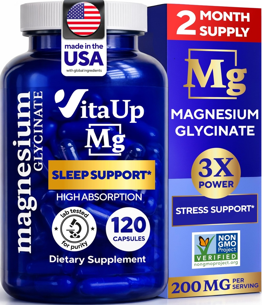 Μαγνήσιο Γλυκινικό 200mg - USA Made Magnesium Supplement for Sleep, Heart, Bones, Μεταβολισμός Υποστήριξη - Υψηλή απορρόφηση Μαγνήσιο Διγλυκινικό Κάψουλες - 120 Vegan Chelated Caps