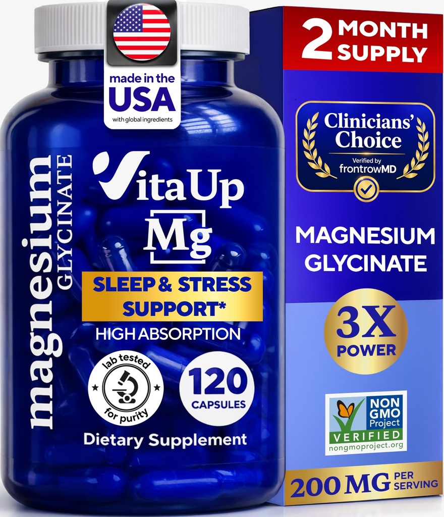 Μαγνήσιο Γλυκινικό 200mg - USA Made Magnesium Supplement for Sleep, Heart, Bones, Μεταβολισμός Υποστήριξη - Υψηλή απορρόφηση Μαγνήσιο Διγλυκινικό Κάψουλες - 120 Vegan Chelated Caps