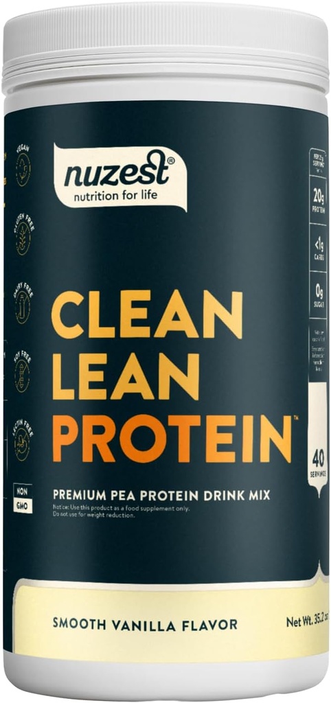 Nuzest - Pea Protein Powder - Clean Lean Protein, Premium Vegan Plant Based Protein Powder, Dairy Free, Gluten Free, GMO Free, Protein Shake, Smooth Vanilla, 40 Servings, 2.2 lb