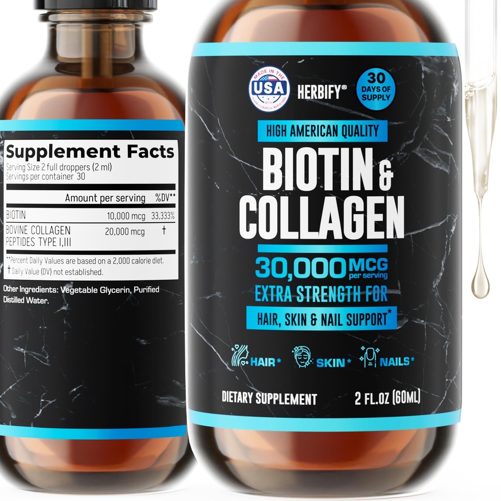 HERBIFY Collagen and Biotin Liquid Drops - Γρηγορότερη απορρόφηση συμπλήρωμα για την ανάπτυξη των μαλλιών και ισχυρότερα νύχια - δέρμα μαλλιών και νύχια Βιταμίνες για γυναίκες και άνδρες - B7 συμπλήρωμα - Κατασκευασμένο στις ΗΠΑ
