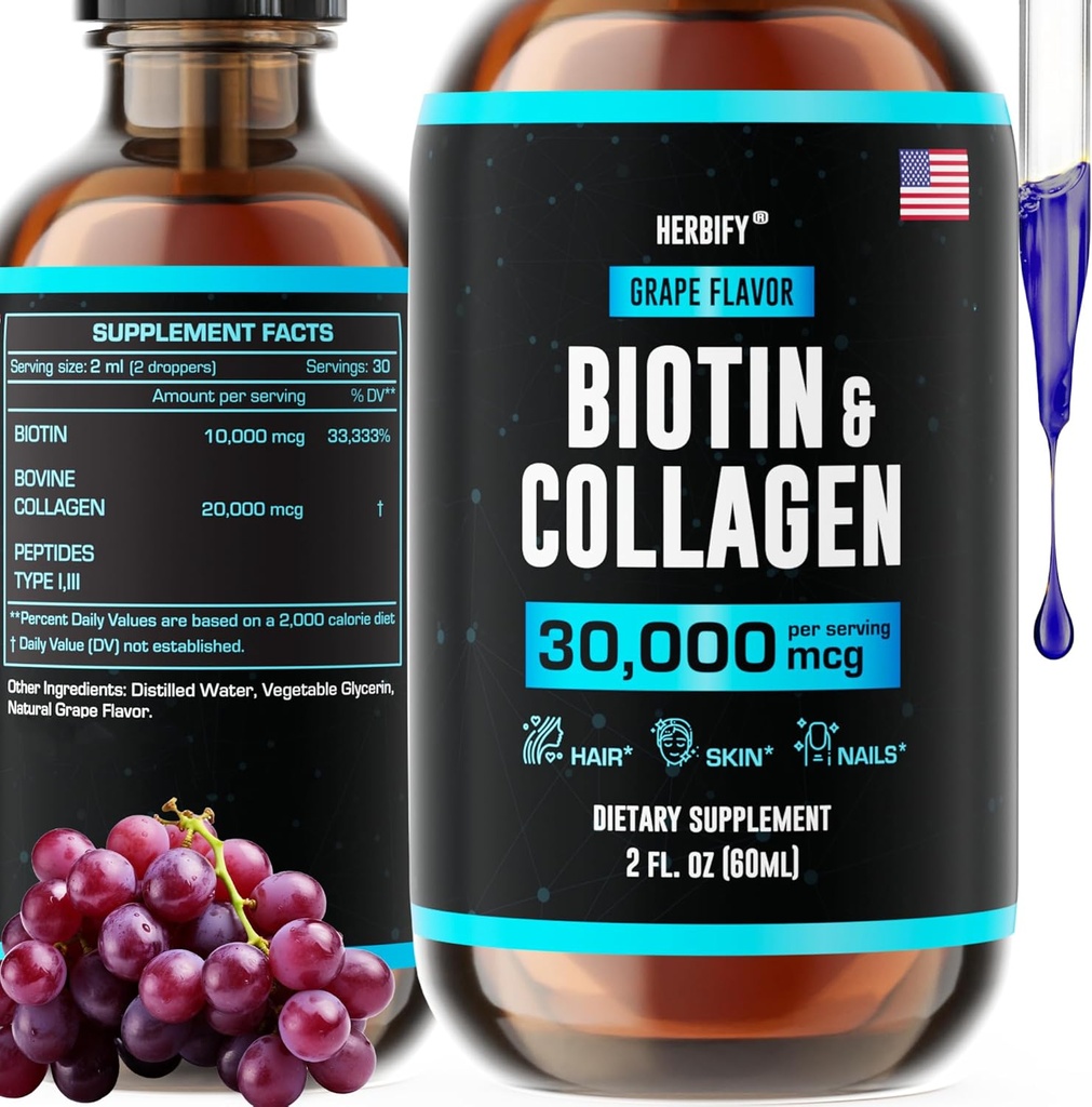 HERBIFY Collagen and Biotin Liquid Drops - Faster Absorption Supplement for Hair Growth and Stronger Nails - Hair Skin and Nails Vitamins for Women and Men - B7 Supplement - Made in USA