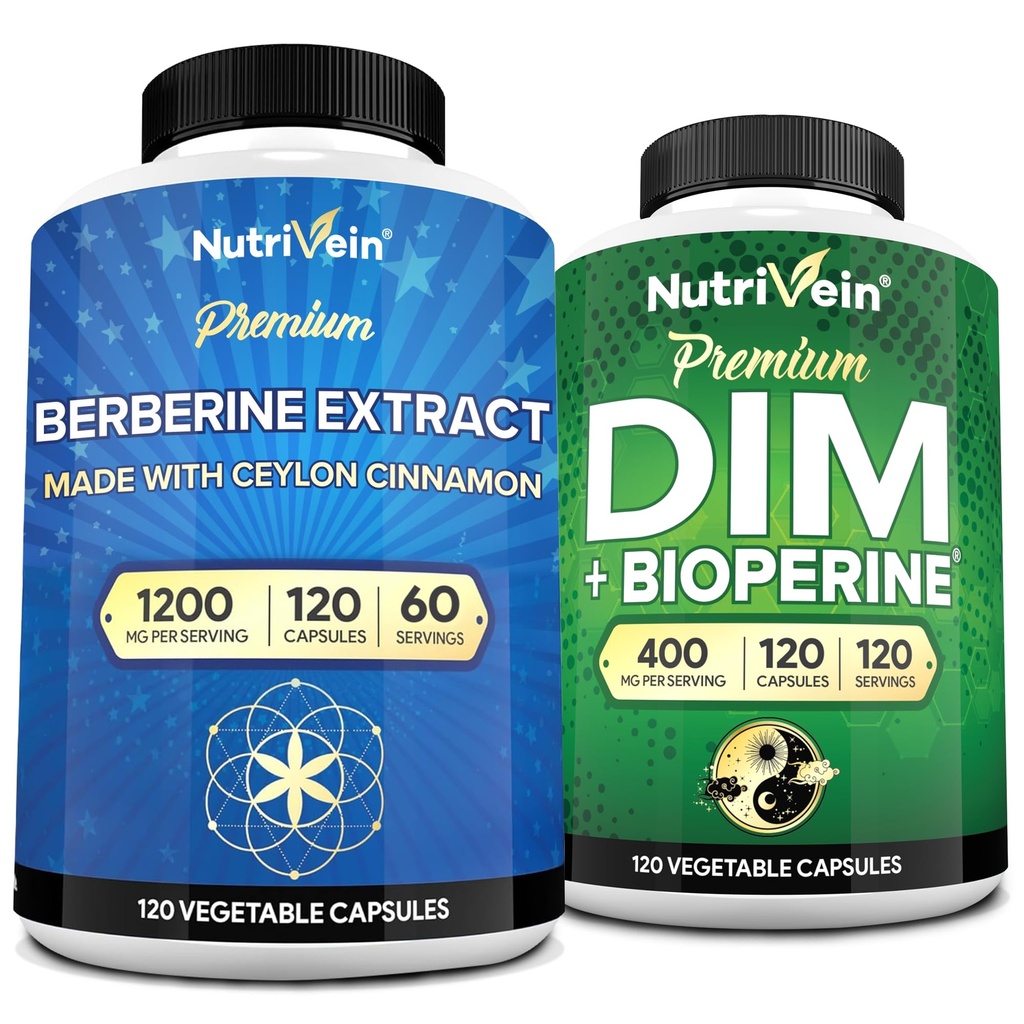 Nutrivein Premium DIM & Berberine Supplement Bundle: Υψηλής Απορρόφησης Berberine & DIM Supplement with Bioperine - για Ορμονική Ισορροπία, Πειθαρχία Κανονικότητα, Μεταβολισμός, & Συνολική Ευεξία