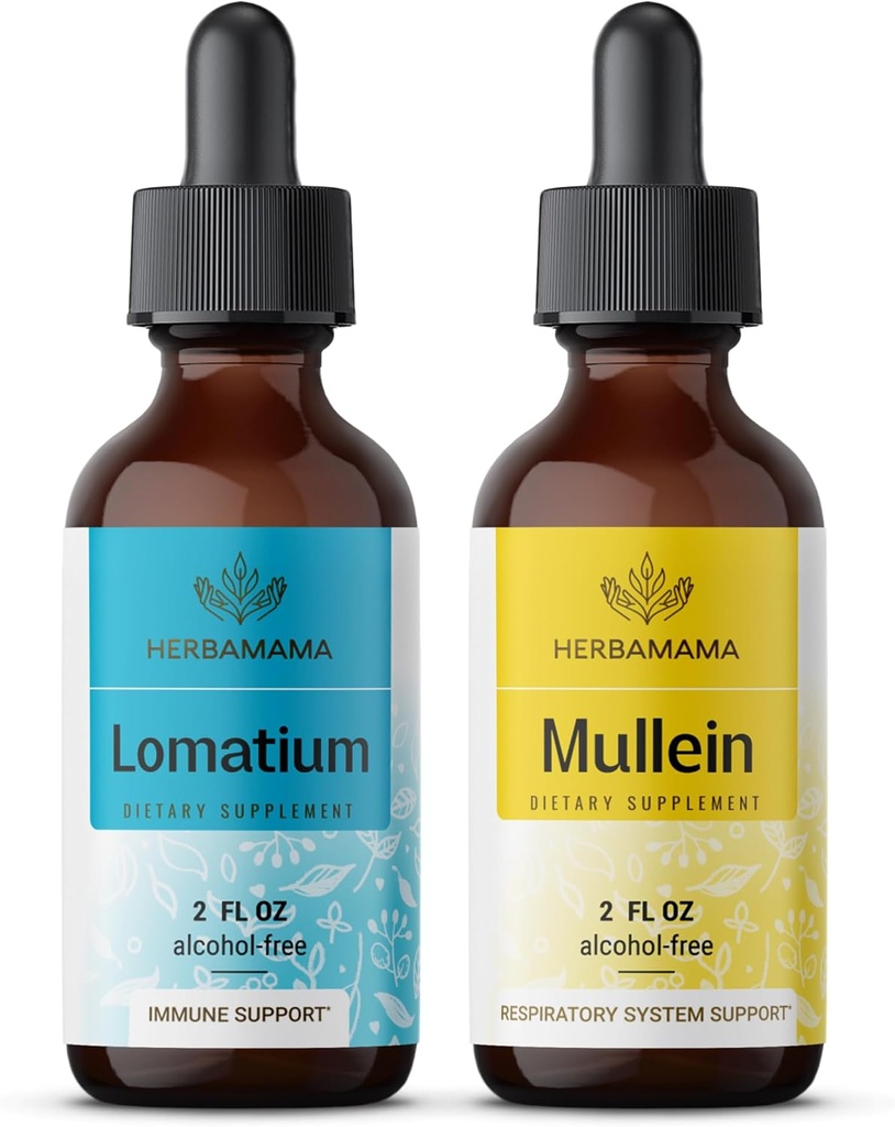 HERBAMA Herbal Liquid Drops Kit - Bundle of Lomatium Root Extract and Mullein Leaf Tincture 2 fl oz - Vegan, μη ΓΤΟ, Ζάχαρη & Αλκοόλ-δωρεάν - 2 Pack