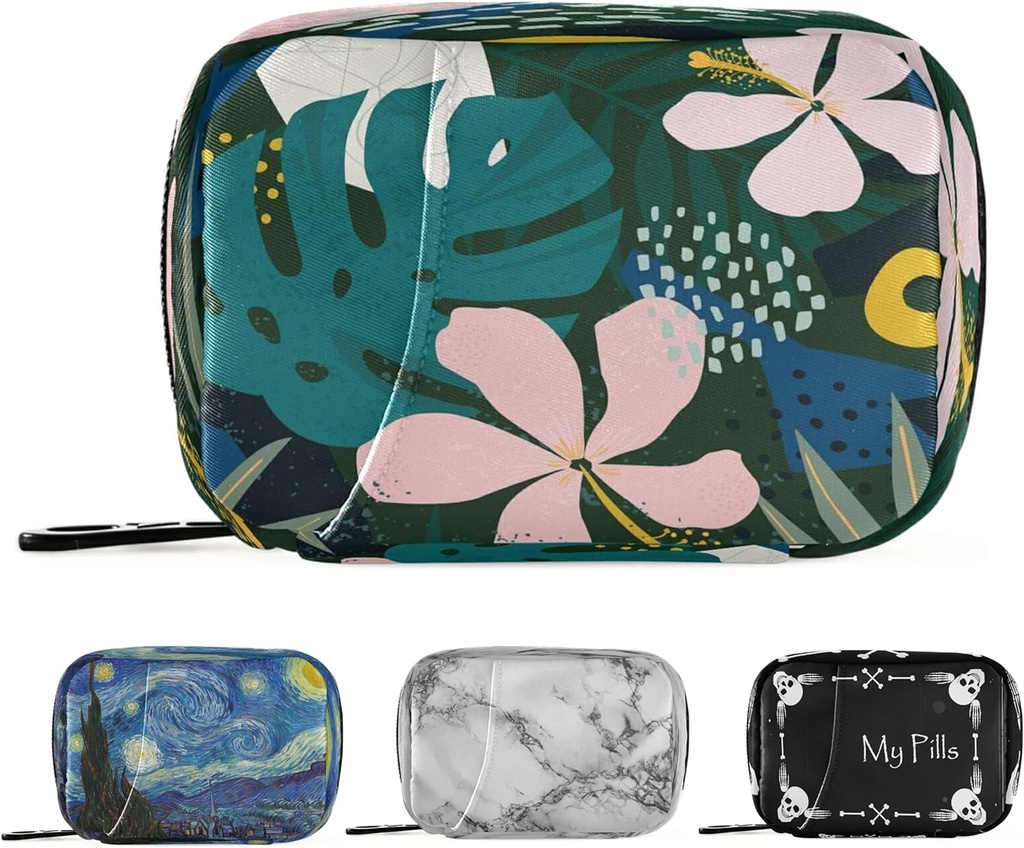 Naanle Hawaiian Palm Leaf Flower Pill Box 7 Day Pill Υπόθεση Travel Pill Organizer Τσάντα με Zipper Φορητή Εβδομαδιαία περίπτωση Συμπαγές μέγεθος για τον κάτοχο συμπλήρωμα βιταμίνης