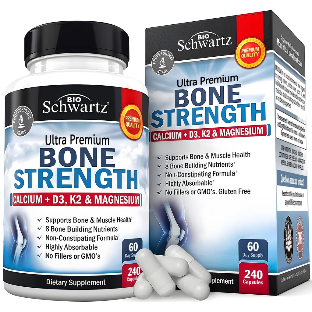 BioSchwartz Bone Strength Supplement - Gentle Non-Costipating Bone Health Supplement for Women & Men with 9-in-1 Complex with Calcium Magnesium Zinc D3 K2 & More - 3th Party Tested - 2 Months