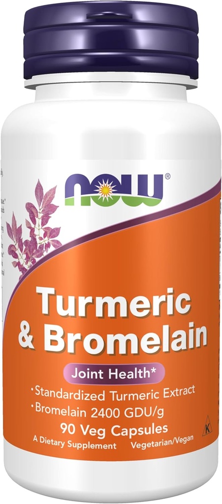 NOW Συμπληρώματα τροφίμων, Turmeric & Bromelain (Standardized Turmeric Extract) με Bromelain 2400 GDU/g, 90 κάψουλες Veg