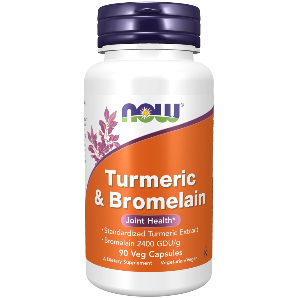 NOW Συμπληρώματα τροφίμων, Turmeric & Bromelain (Standardized Turmeric Extract) με Bromelain 2400 GDU/g, 90 κάψουλες Veg