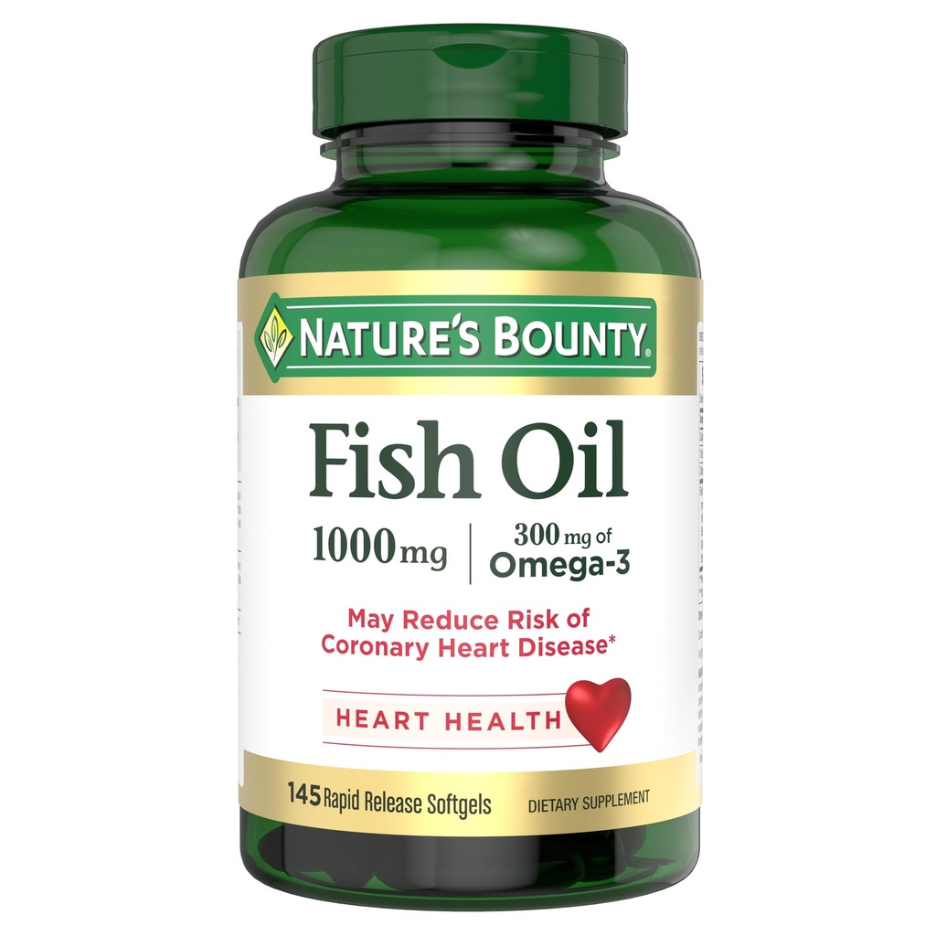 Nature’s Bounty Fish Oil, υποστηρίζει την υγεία της καρδιάς, 1000mg, ταχεία απελευθέρωση Softgels, 145 Ct