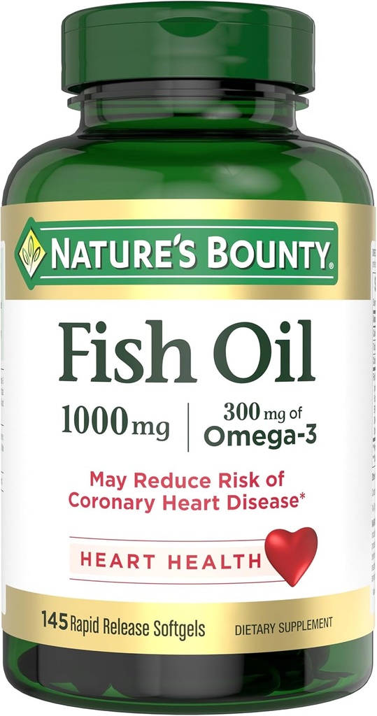 Nature’s Bounty Fish Oil, υποστηρίζει την υγεία της καρδιάς, 1000mg, ταχεία απελευθέρωση Softgels, 145 Ct