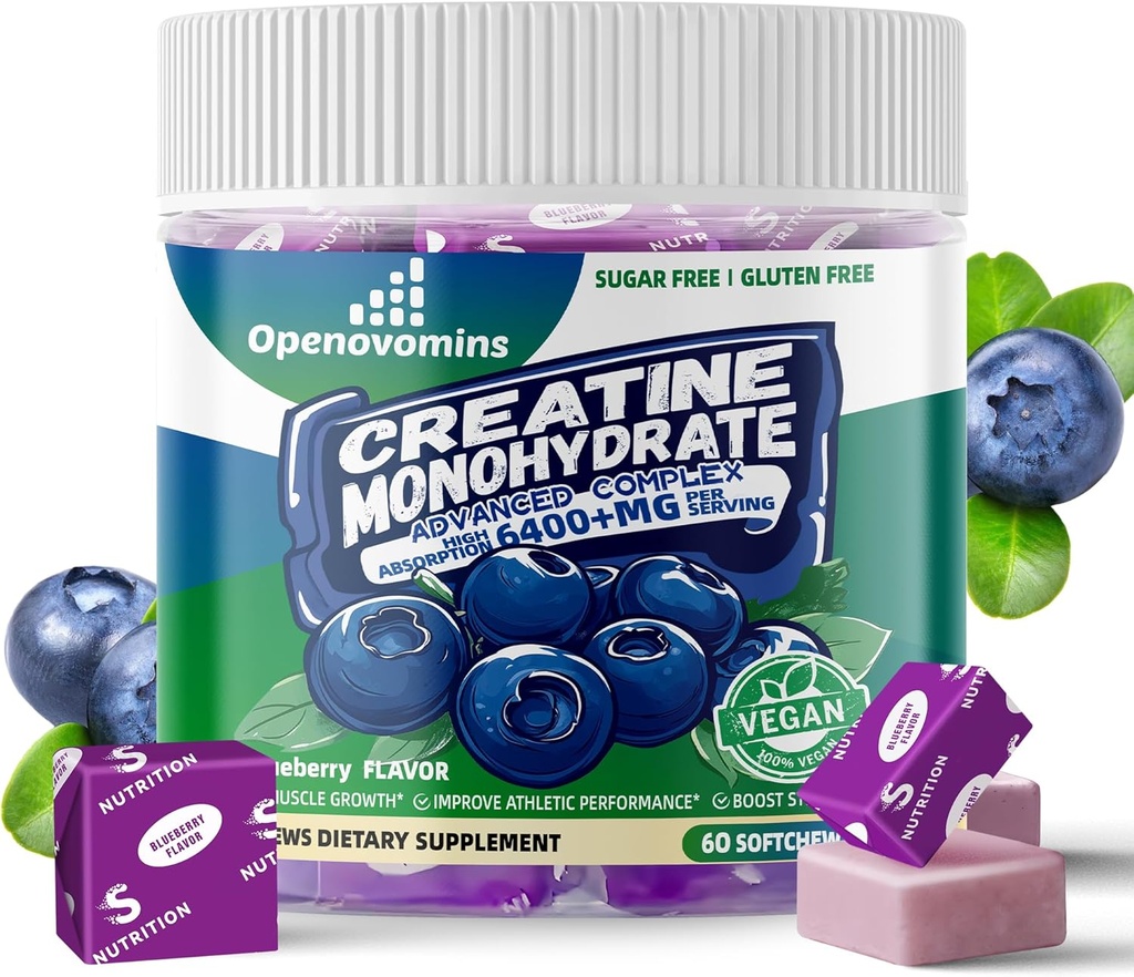 Creatine Monohydrate Soft Chews Complex 6400mg για άνδρες και γυναίκες -Προηγμένη Φόρμουλα W/L-Taurine + Βιταμίνη B12, συμπλήρωμα χωρίς ζάχαρη μασώμενα,60 Blueberry Softchews