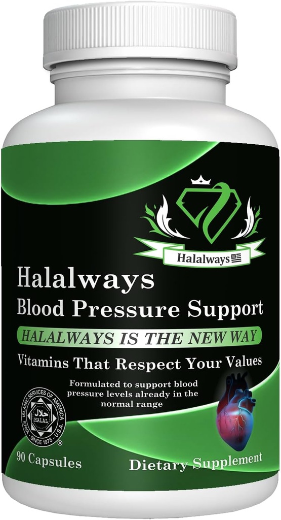 Halalways Blood Pressure Support Certified Halal Supplement Naturally BP Support with Garlic Bulb Powder, Hawthorn Berry, Green Tea Leaf & Hibiscus Vitamins for Healthy Hypertension (BP)