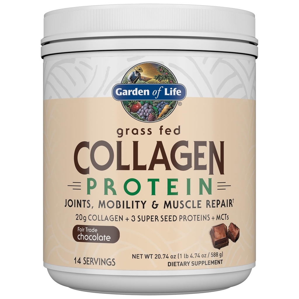 Garden of Life Grass Fed Collagen Protein Powder - Σοκολάτα, 14 σέρβις, σκόνη για αρθρώσεις Κινητικότητα Επισκευή μυών, Collagen Peptides + Super Seeds + Coconut MCTs, Keto Συμπλήρωμα