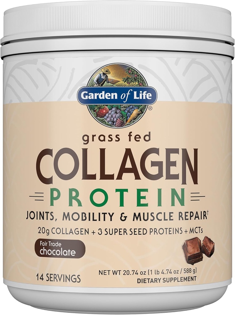 Garden of Life Grass Fed Collagen Protein Powder - Chocolate, 14 Servings, Powder for Joints Mobility Muscle Repair, Collagen Peptides + Super Seeds + Coconut MCTs, Keto Supplement