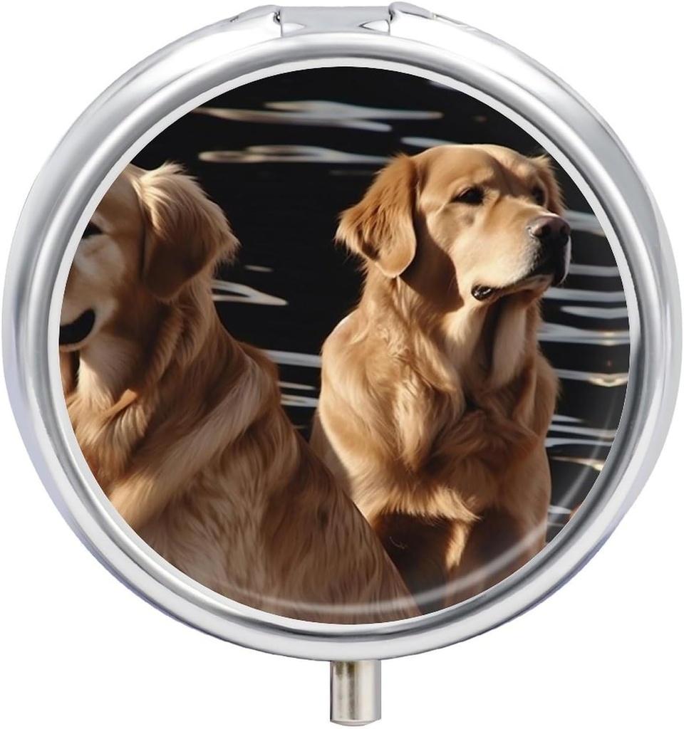 Pill Box 3 Compartment Round Pill Organizer Daily Small Pill Case for Travel Golden Retrievers Metal Pill Container Portable Medicine Organizer for Pill Vitamins Fish Oil Supplement