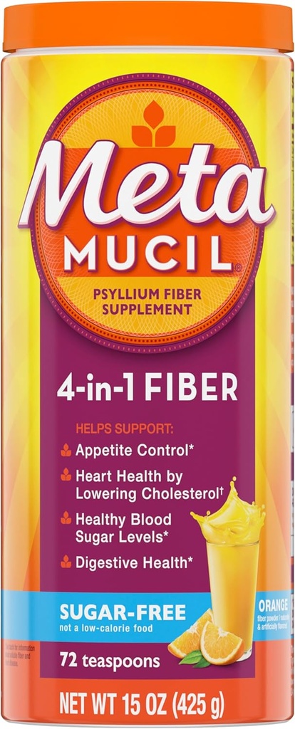 Metamucil 4-σε-1 Psyllium Husk Fiber Supplement, Sugar-Free, 72 κουταλάκια του γλυκού, Πορτοκαλί Γεύση, Καθημερινή Fiber σκόνη για Digestive Health, κατασκευασμένο με Φυτική Psyllium Husk Fiber