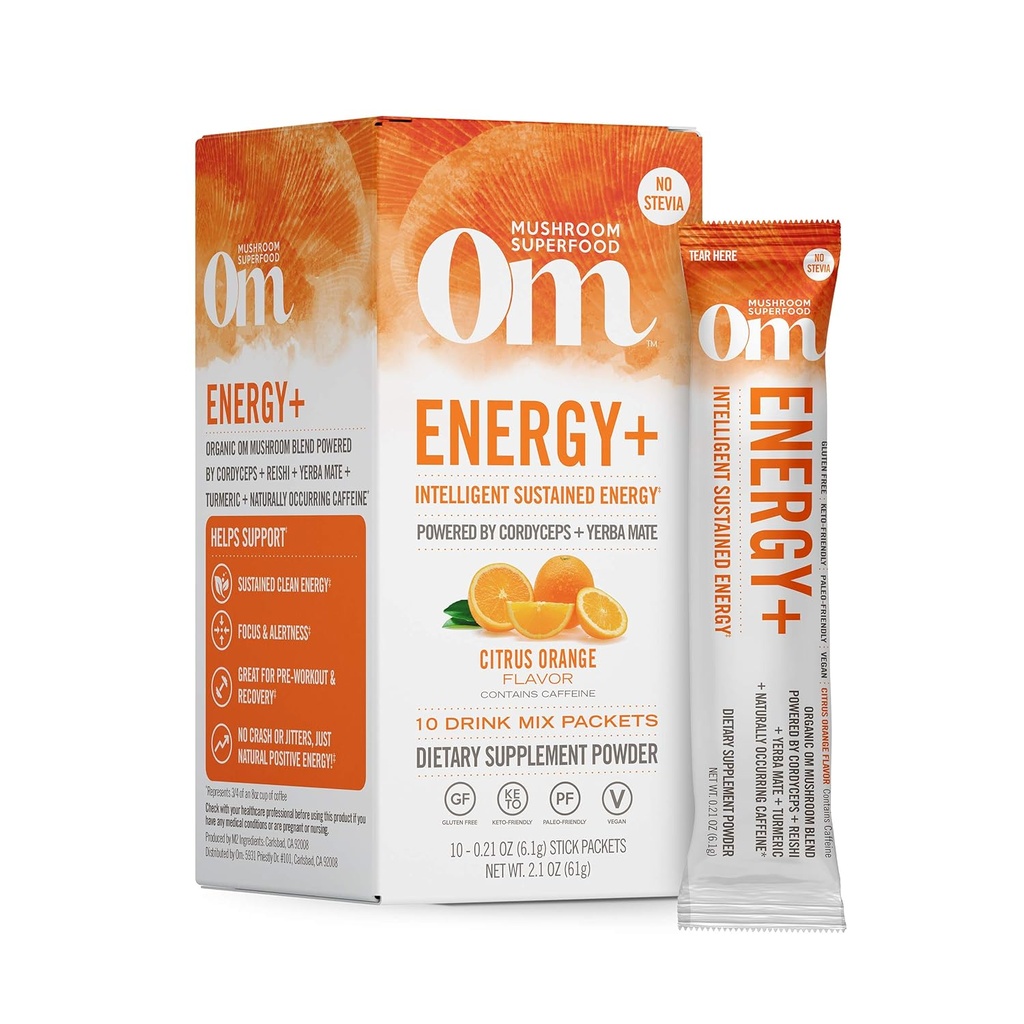 OM MUSHROOM SUPERFOOD Energy Plus Mushroom Powder Drink Mix, Citrus Orange, Single Serve, 10 Count, Mushroom Blend, Cordyceps, Yerba Mate, Tumeric, Vitamin B Complex, Pre-Engage, ανοσοποιητικό συμπλήρωμα