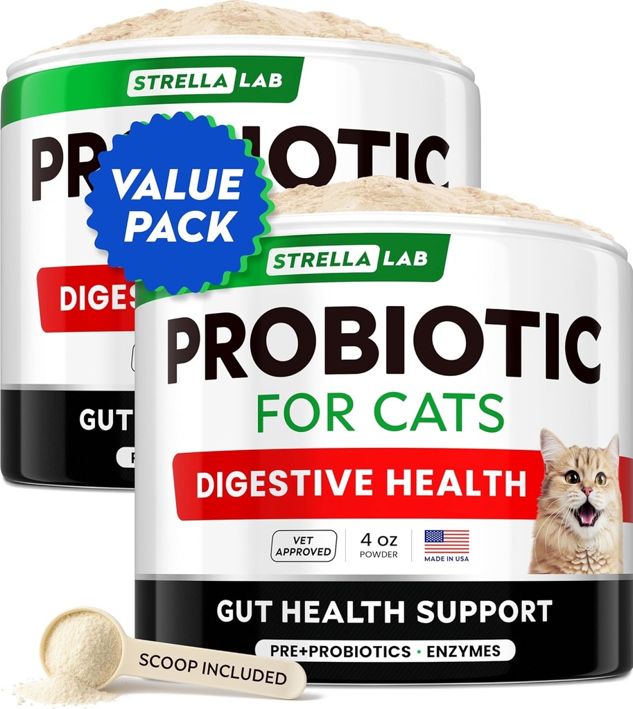 StrellaLab Cat Probiotic Powder - Προβιοτικά για γάτες με Διάρροια - Εύκολη ανάμειξη σκόνης - Προβιοτικά γάτας για εσωτερικές γάτες, Συμπλήρωμα τροφίμων Υγειονομικών Προμήθειων, Digestive Υποστήριξη (8 oz/Pack of 2)
