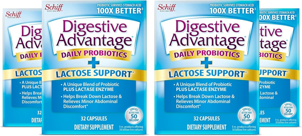 Digestive Advantage Lactose Defense - Διαλύει τη λακτόζη για να υπερασπιστεί από πεπτικές διαταραχές, 32 κάψουλες (πακέτο των 4)