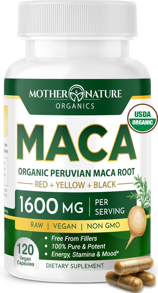 Μητρική φύση Βιολογικές κάψουλες ρίζας Maca – 1600mg, 120 κάψουλες Vegan – Μη ΓΤΟ Περουβιανό κίτρινο, κόκκινο και μαύρο Maca για άνδρες και γυναίκες - Ενέργεια, ορμονάδα, εγκέφαλος και το βάρος ευεξίας