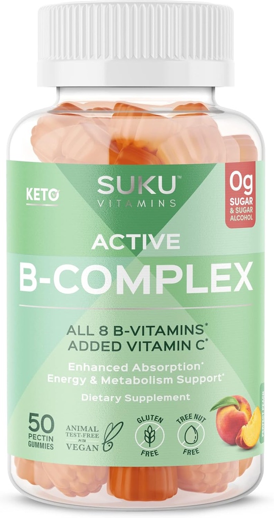 SUKU Vitamin B Complex Gummies with Vitamin C – Sugar Free Vegan 8 B Vitamins Complex Gummy Supplement Aυξάνει την ανάπτυξη των κυττάρων, βελτιώνει το μεταβολισμό & κολλαγόνο Σχηματισμός, άρωμα Peachάκινου (50 Gummies)