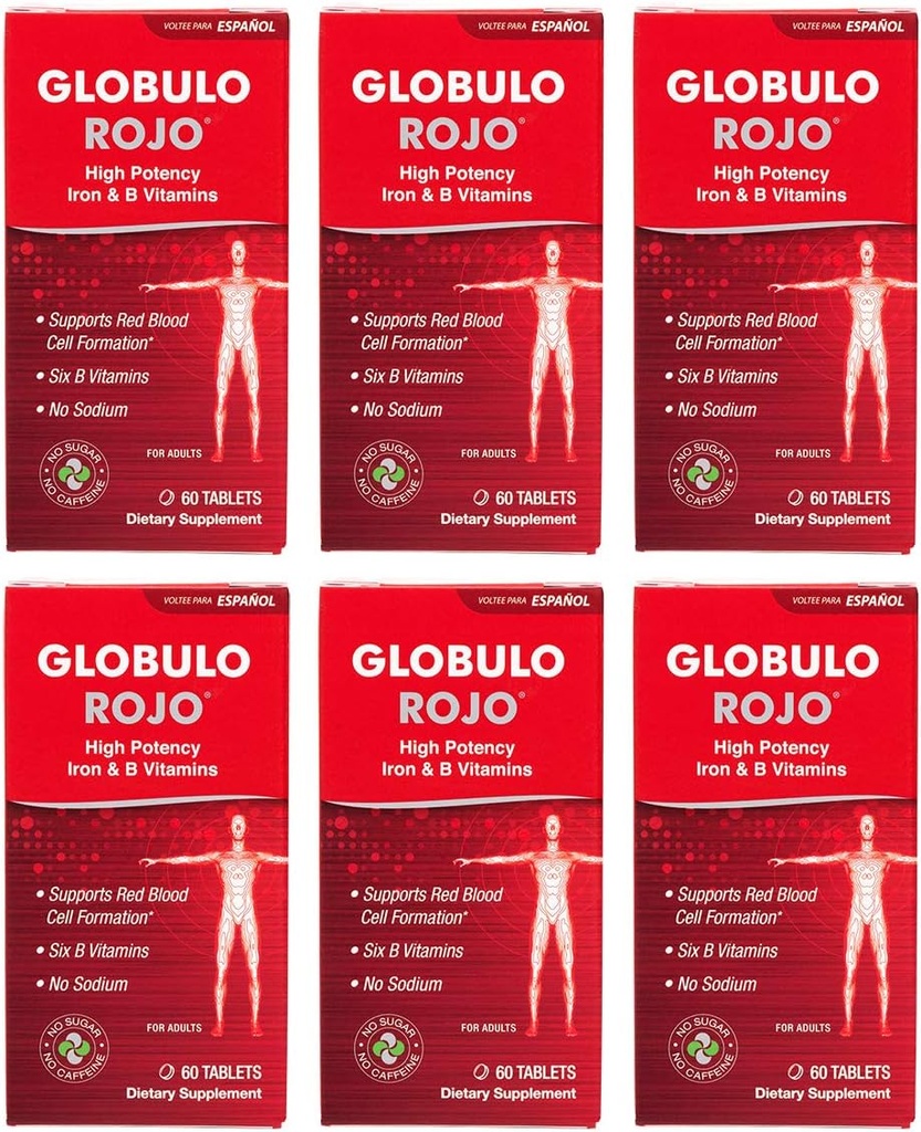Globulo Rojo Iron Supplement - Dietary Supplement Pills with High Potency Iron & B Vitamins, 60 Tablets - 6 Pack