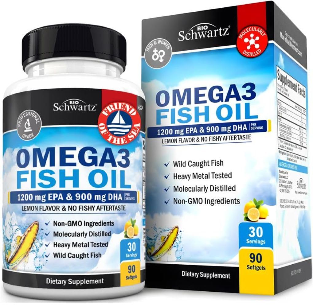 Triple Strength Omega 3 Fish Oil 3000mg - High Potency Omega 3 συμπλήρωμα για γυναίκες και άνδρες, Burpless Lemon Flavor Fish Oil - 2250mg Απαραίτητα λιπαρά οξέα με DHA & EPA, Wild Caught, 90 Softgels