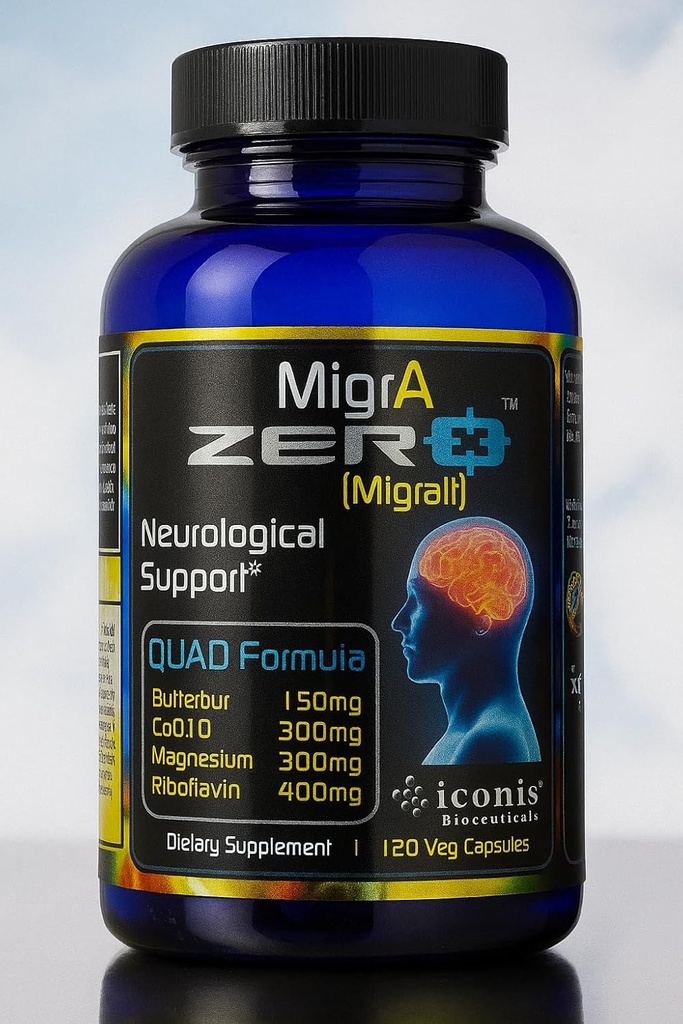 Ημικρανία ανακούφιση, Quad-Formula με PA-free Butterbur (150mg), CoQ10 (300mg), Μαγνήσιο γλυκινικό (300mg), Υψηλής Dose Ριβοφλαβίνη (400mg) - MigrA Zero (120 Caps) Βέλτιστη Δοσολογία για τους υποφερτές της ημικρανίας